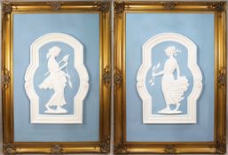 Pair of Monumental British Art Deco Plaster Relief Panels in Gilt Frames, c.1930