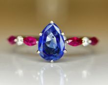 Beautiful 1.06 CT Unheated Burma Blue Sapphire With Burma Ruby, Natural Diamonds & 950 Platinum