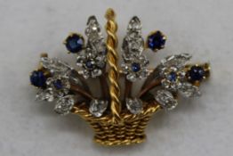 Diamant Saphir Brosche Blumenkorb 750 Gold um 1900