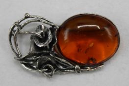Bernstein Brosche 925 Silber Poznan Polen 2. H. 20 Jh.