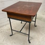 A mahogany table/desk on metal legs (H60cm W60cm D50cm)