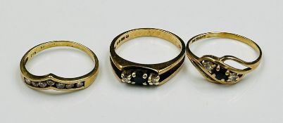 A selection of three 9ct gold rings, various styles with an approximate weight of 5.6g