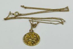 A 9ct gold Virgo themed pendant on fine chain with an approximate weight of 2.8g