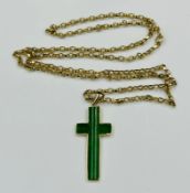 A 9ct gold jade cross on 9ct yellow gold chain, approximate combined weight 7.2g