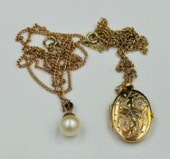 Two 9ct gold necklaces one locket the other a pearl pendant, approximate total weight 6.5g