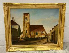 An oil on canvas of a church scene (Frame 100cm x 87cm)