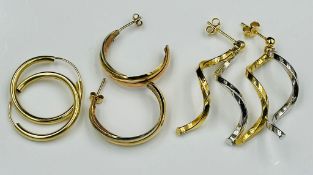 A selection of three sets of 9ct gold earrings, various styles approximately 4.9g