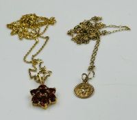 Two 9ct gold necklaces one with a garnet pendant, approximate combined total weight 3.8g
