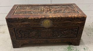 Chinese camphor carved chest (H44cm W88cm D42cm)