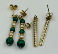 Two pairs of 9ct gold earrings including one jade set