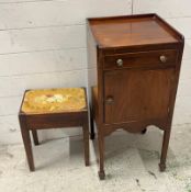 A mahogany bedside with small stool