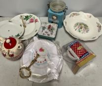 A collection of afternoon tea cups, teapots and cake stand etc