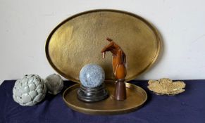 A mixed lot of ornaments and trays to include Oka artichokes pin dishes and a wooden mannequin hand