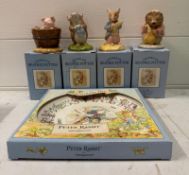 Four Royal Doulton Beatrix Potter figures and a Wedgewood Peter Rabbit Christmas plate