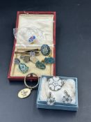 A small selection of Masonic items, cufflinks etc and a white rose silver pendant and cufflink set.