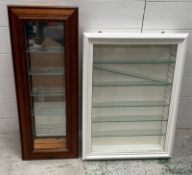 A pine wall hanging display cabinet with glass shelves and a white painted display cabinet (74cm x