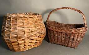 A wicker bicycle basket and another handled basket