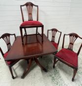 A mahogany square tilt top pedestal dining table with four chairs