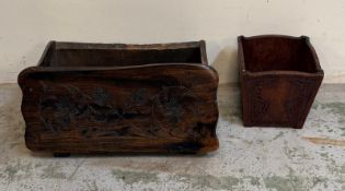 An oak storage bin carved to front and an oak carved waste paper bin