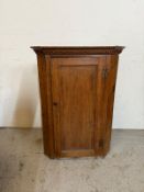 A light oak corner cabinet with two shelves