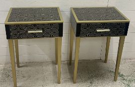 A pair of bedsides with geometric pattern and gilt metal legs (H66cm W45cm D35cm)