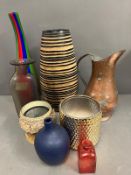A selection of vases, glass, copper jug etc