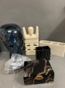 A selection of bathroom and decorative items