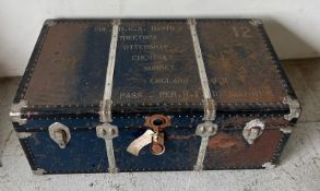 A travel trunk with metal banding (H42cm W101cm D53cm)
