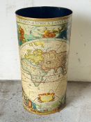 A cylindrical stick stand, decorated throughout with a World map design. (H54cm)