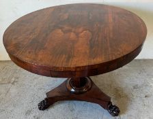 A Regency/William IV style rosewood centre table, with circular tilt-top.(H73cm Dia92cm)
