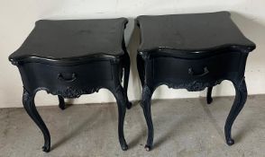 A pair of painted black rococo style bedsides with drawer to centre and marble tops (H 65cm x 40cm x