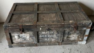 Military wooden chest with metal clasps stamped Major DCS David RE, tin lined (H49cm W122cm D61cm)