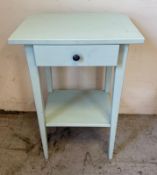 A pale blue IKEA side table with a single drawer, painted. Height 70cm