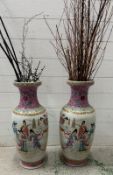 Two Famille rose vases featuring traditional Geisha scenes H60cm
