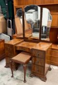 An Art Deco dressing table with bi-fold mirror and wicker stool. (H70cm x 48x106)