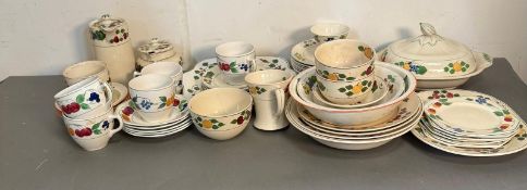 A part Adams Royal Ivory Titian ware dinner service in the fruit pattern to include plates, cups and