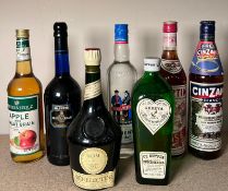 Seven bottles of spirits to include a bottle of Benedictiol and a Harveys Britol cream