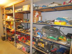 Lot - Contents of Shelf, Assorted Parts, Chop Saw, Small Hand Tools, Grinders, Skil Saw, Air