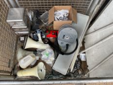 1x Stillage of Megaphones, Cables, Hose Clips, White Boards etc