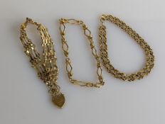 A gold gate-link bracelet with heart clasp and two other fancy-link bracelets, all hallmarked 9ct, 2