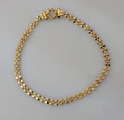 A yellow gold fancy-link necklace with etched decoration and gem-set bolt clasp, 43 cm, stamped 750