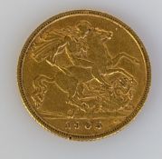An Edwardian gold half sovereign, 1905