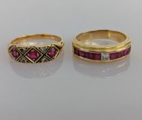 A vintage three-stone ruby and diamond decoration gold ring and a contemporary version, both hallmar