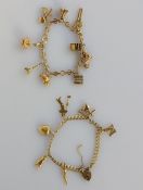 Two 9ct yellow gold charm bracelets, one with a heart locked and six Italian gold charms, all stampe