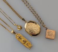 An Egyptian yellow gold pendant, hallmarked for 18ct, 6g, with a 15ct gold chain, 7.7g