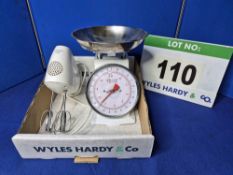 A GENWARE Analogue Weigh Scale, 0-5Kg in 1 gram increments and A KENWOOD Hand Held Whisk