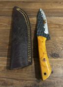 Custom Honeycomb Textured Hunter - Amber Swirl Resin - Tooled Floral Leather Sheath