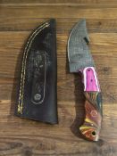 Custom Damascus Steel Gut-Hook Skinner - Hybrid Resin & Pink Handle
