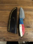 Custom Damascus Skinner Knife - Red, White & Blue Handle - Tooled Leather Sheath