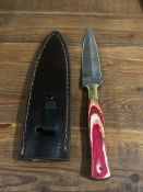 Custom Damascus Boot Knife - Red/White Laminate Handle with Leather Clip Sheath